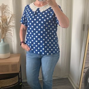 Anthropologie Trinity Blue Polka Dot Blouse with Crocheted Collar - Size S - NWT